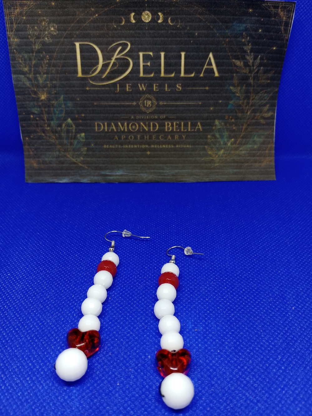 DBella Jewels Red & White Beaded Heart Drop Earrings